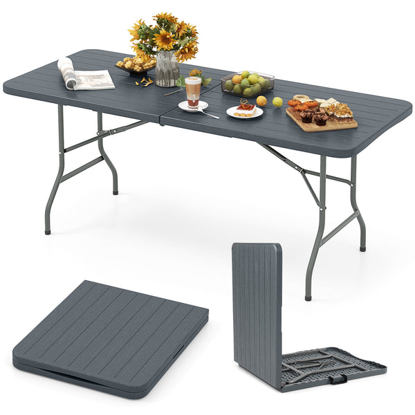 Features a weatherproof HDPE tabletop for extended outdoor use<br>Wood-like texture for more elegance<br>Honeycomb construction for added stability<br>Offers a spacious 6 x 2.5 ft tabletop for multiple food and drinks<br>Supported by robust and well-coate