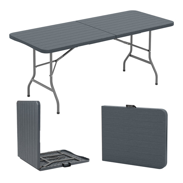 Features a weatherproof HDPE tabletop for extended outdoor use<br>Wood-like texture for more elegance<br>Honeycomb construction for added stability<br>Offers a spacious 6 x 2.5 ft tabletop for multiple food and drinks<br>Supported by robust and well-coate