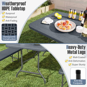 Features a weatherproof HDPE tabletop for extended outdoor use<br>Wood-like texture for more elegance<br>Honeycomb construction for added stability<br>Offers a spacious 6 x 2.5 ft tabletop for multiple food and drinks<br>Supported by robust and well-coate