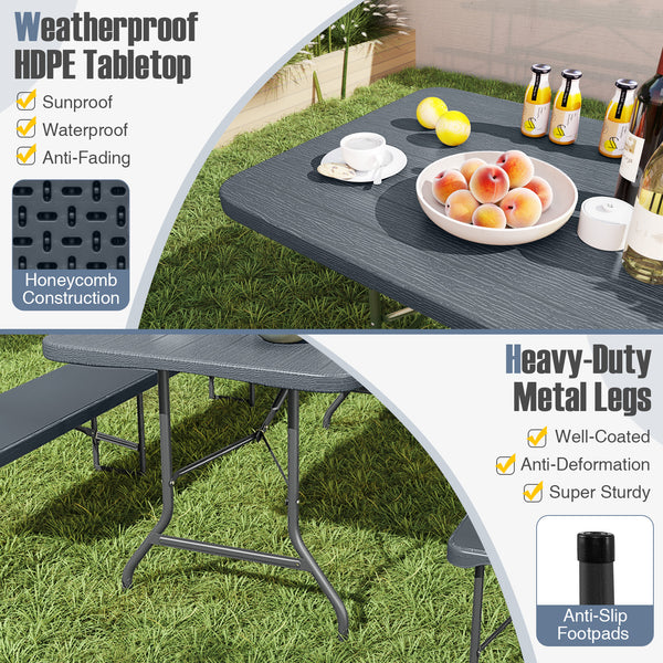 Features a weatherproof HDPE tabletop for extended outdoor use<br>Wood-like texture for more elegance<br>Honeycomb construction for added stability<br>Offers a spacious 6 x 2.5 ft tabletop for multiple food and drinks<br>Supported by robust and well-coate