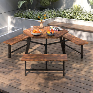 Large picnic table with 3 benches is suitable for 6 people<br>Tabletop is made of acacia wood that boasts high hardness and natural appeal <br>Featuring protective oil for easy maintenance and superior longevity<br>1.2" thick tabletop and robust H-shaped 