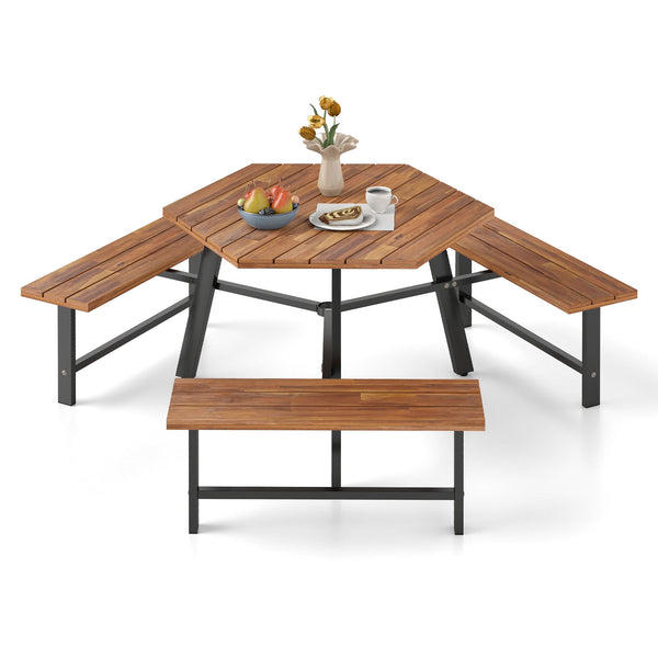 Large picnic table with 3 benches is suitable for 6 people<br>Tabletop is made of acacia wood that boasts high hardness and natural appeal <br>Featuring protective oil for easy maintenance and superior longevity<br>1.2" thick tabletop and robust H-shaped 