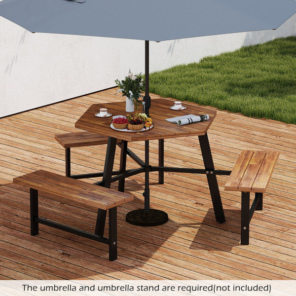 Large picnic table with 3 benches is suitable for 6 people<br>Tabletop is made of acacia wood that boasts high hardness and natural appeal <br>Featuring protective oil for easy maintenance and superior longevity<br>1.2" thick tabletop and robust H-shaped 