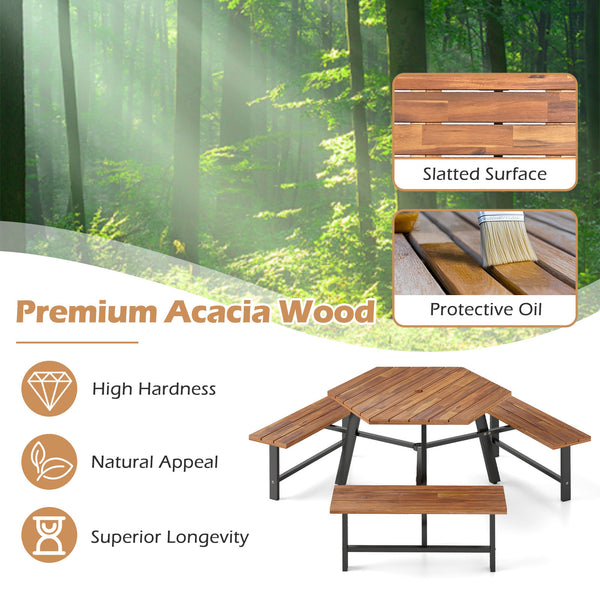 Large picnic table with 3 benches is suitable for 6 people<br>Tabletop is made of acacia wood that boasts high hardness and natural appeal <br>Featuring protective oil for easy maintenance and superior longevity<br>1.2" thick tabletop and robust H-shaped 