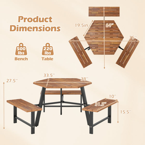 Large picnic table with 3 benches is suitable for 6 people<br>Tabletop is made of acacia wood that boasts high hardness and natural appeal <br>Featuring protective oil for easy maintenance and superior longevity<br>1.2" thick tabletop and robust H-shaped 