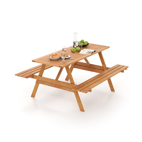 Convenient 1-piece design for more convenience<br>Robust hardwood construction ensures long-lasting durability<br>59" long benches offer ample seating for 6 people<br>Spacious 59" x 24" tabletop provides plenty of serving space<br>Slatted table design pre