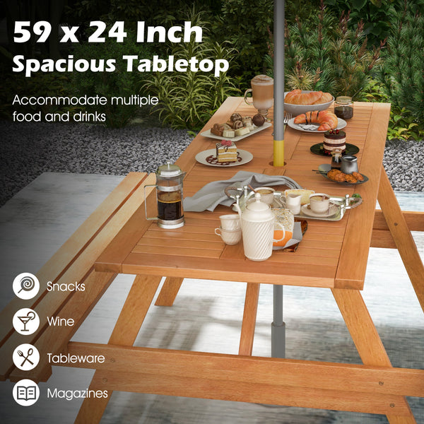 Convenient 1-piece design for more convenience<br>Robust hardwood construction ensures long-lasting durability<br>59" long benches offer ample seating for 6 people<br>Spacious 59" x 24" tabletop provides plenty of serving space<br>Slatted table design pre