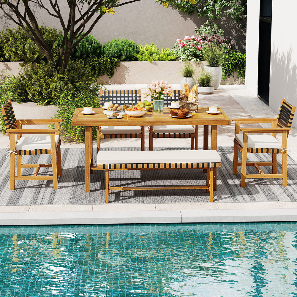 Â Please avoid leaving it outdoors in the rain to extend its lifespan<br>Â Includes a table  a bench   and 4 armchairs  elevate your outdoor gatherings<br>Â Crafted of solid acacia wood  warp-resistant  sturdy and reliable  built to last<br>Â With delicat