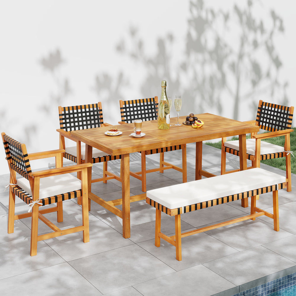 Â Please avoid leaving it outdoors in the rain to extend its lifespan<br>Â Includes a table  a bench   and 4 armchairs  elevate your outdoor gatherings<br>Â Crafted of solid acacia wood  warp-resistant  sturdy and reliable  built to last<br>Â With delicat