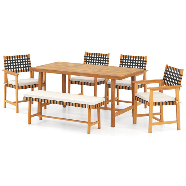 Â Please avoid leaving it outdoors in the rain to extend its lifespan<br>Â Includes a table  a bench   and 4 armchairs  elevate your outdoor gatherings<br>Â Crafted of solid acacia wood  warp-resistant  sturdy and reliable  built to last<br>Â With delicat