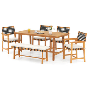 Â Please avoid leaving it outdoors in the rain to extend its lifespan<br>Â Includes a table  a bench   and 4 armchairs  elevate your outdoor gatherings<br>Â Crafted of solid acacia wood  warp-resistant  sturdy and reliable  built to last<br>Â With delicat