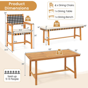Â Please avoid leaving it outdoors in the rain to extend its lifespan<br>Â Includes a table  a bench   and 4 armchairs  elevate your outdoor gatherings<br>Â Crafted of solid acacia wood  warp-resistant  sturdy and reliable  built to last<br>Â With delicat