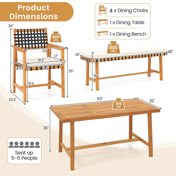 Â Please avoid leaving it outdoors in the rain to extend its lifespan<br>Â Includes a table  a bench   and 4 armchairs  elevate your outdoor gatherings<br>Â Crafted of solid acacia wood  warp-resistant  sturdy and reliable  built to last<br>Â With delicat