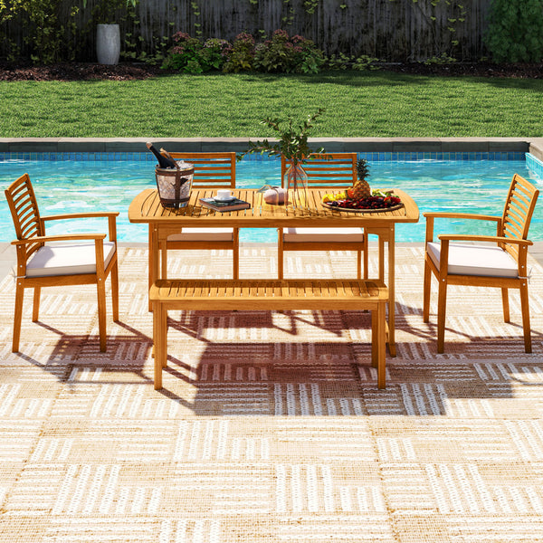 Â Solid acacia wood construction for long-lasting durability<br>Â Spacious tabletop comfortably accommodates up to 6 people<br>1.97â€ reserved umbrella hole with cover for shade on sunny days<br>Â Ergonomic backrest and armrests fit the natural contours 