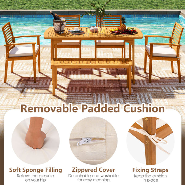 Â Solid acacia wood construction for long-lasting durability<br>Â Spacious tabletop comfortably accommodates up to 6 people<br>1.97â€ reserved umbrella hole with cover for shade on sunny days<br>Â Ergonomic backrest and armrests fit the natural contours 