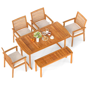 Â Solid acacia wood construction for long-lasting durability<br>Â Spacious tabletop comfortably accommodates up to 6 people<br>1.97â€ reserved umbrella hole with cover for shade on sunny days<br>Â Ergonomic backrest and armrests fit the natural contours 