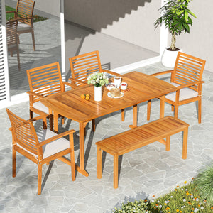 Â Solid acacia wood construction for long-lasting durability<br>Â Spacious tabletop comfortably accommodates up to 6 people<br>1.97â€ reserved umbrella hole with cover for shade on sunny days<br>Â Ergonomic backrest and armrests fit the natural contours 