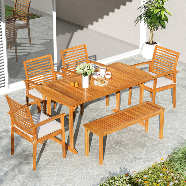 Â Solid acacia wood construction for long-lasting durability<br>Â Spacious tabletop comfortably accommodates up to 6 people<br>1.97â€ reserved umbrella hole with cover for shade on sunny days<br>Â Ergonomic backrest and armrests fit the natural contours 