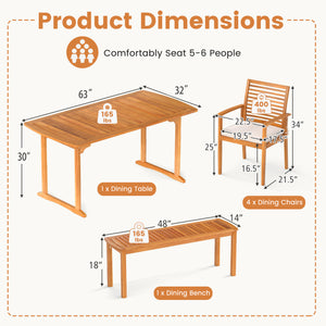 Â Solid acacia wood construction for long-lasting durability<br>Â Spacious tabletop comfortably accommodates up to 6 people<br>1.97â€ reserved umbrella hole with cover for shade on sunny days<br>Â Ergonomic backrest and armrests fit the natural contours 