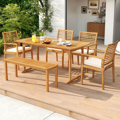 Â Solid acacia wood construction for long-lasting durability<br>Â Spacious tabletop comfortably accommodates up to 6 people<br>1.97â€ reserved umbrella hole with cover for shade on sunny days<br>Â Ergonomic backrest and armrests fit the natural contours 