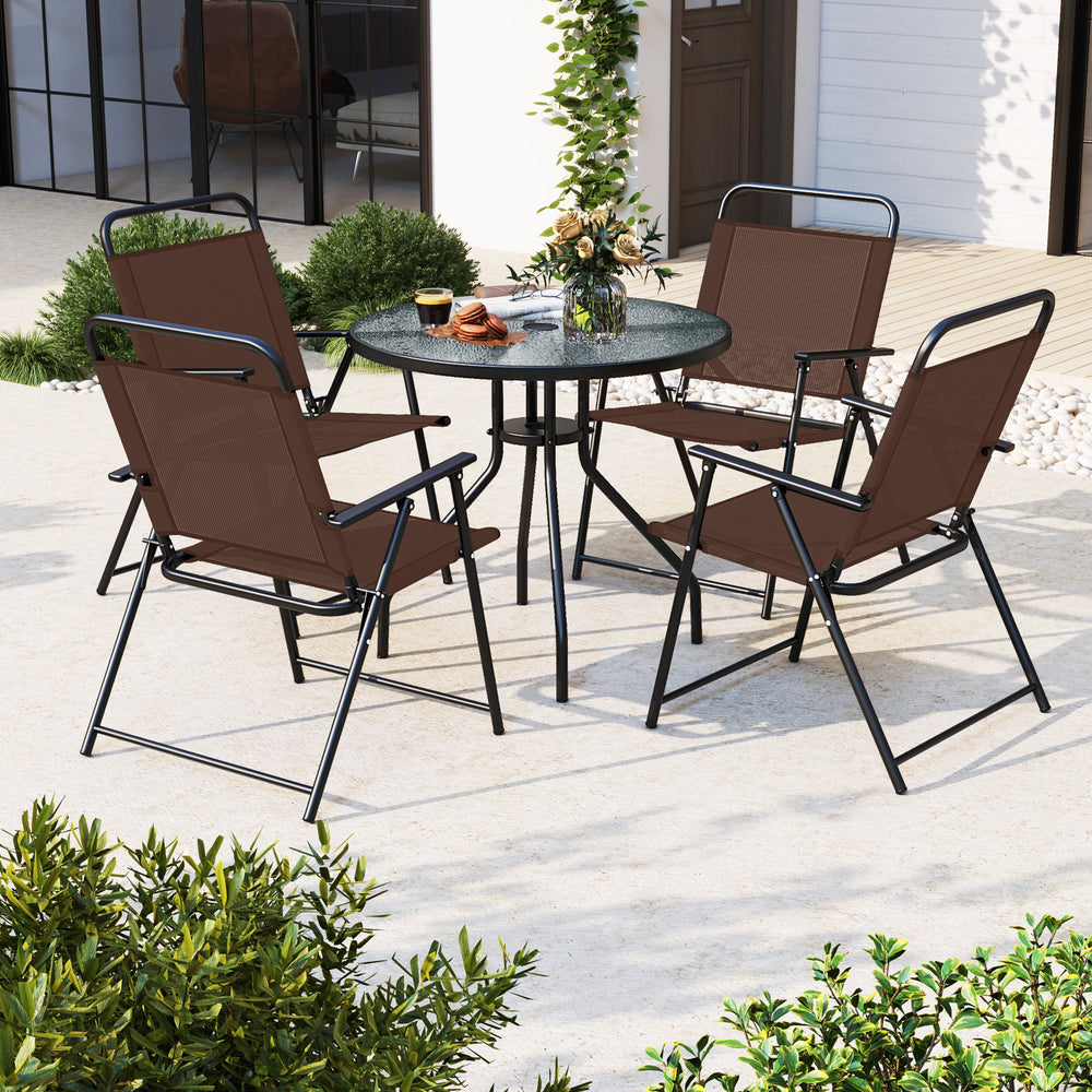 Patio dining set with umbrella is perfect for your patio  lawn and garden<br>Tempered glass tabletop and rustproof frame can stand the test of time<br>The 71" umbrella with strap design for space-saving when not in use<br>Heavy-duty steel frame and breath