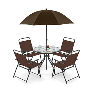 Patio dining set with umbrella is perfect for your patio  lawn and garden<br>Tempered glass tabletop and rustproof frame can stand the test of time<br>The 71" umbrella with strap design for space-saving when not in use<br>Heavy-duty steel frame and breath