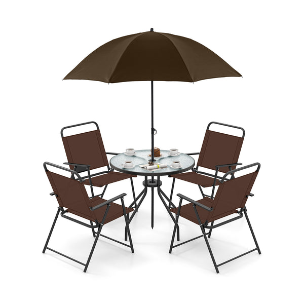 Patio dining set with umbrella is perfect for your patio  lawn and garden<br>Tempered glass tabletop and rustproof frame can stand the test of time<br>The 71" umbrella with strap design for space-saving when not in use<br>Heavy-duty steel frame and breath