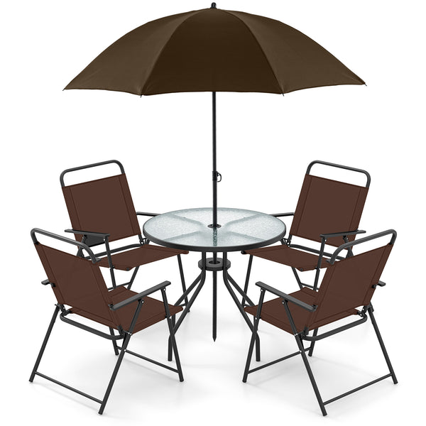 Patio dining set with umbrella is perfect for your patio  lawn and garden<br>Tempered glass tabletop and rustproof frame can stand the test of time<br>The 71" umbrella with strap design for space-saving when not in use<br>Heavy-duty steel frame and breath