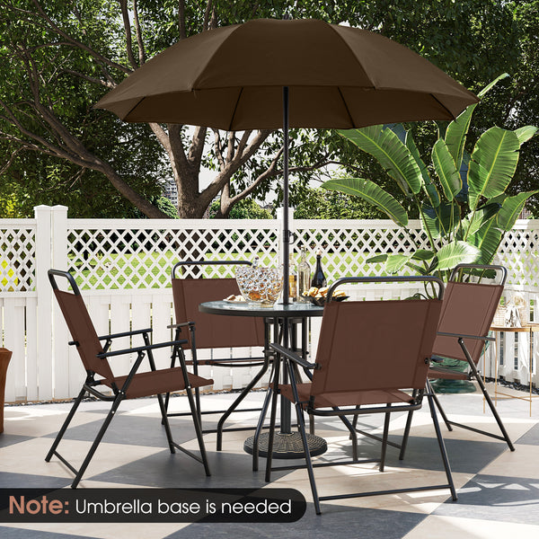 Patio dining set with umbrella is perfect for your patio  lawn and garden<br>Tempered glass tabletop and rustproof frame can stand the test of time<br>The 71" umbrella with strap design for space-saving when not in use<br>Heavy-duty steel frame and breath