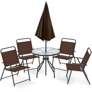 Patio dining set with umbrella is perfect for your patio  lawn and garden<br>Tempered glass tabletop and rustproof frame can stand the test of time<br>The 71" umbrella with strap design for space-saving when not in use<br>Heavy-duty steel frame and breath