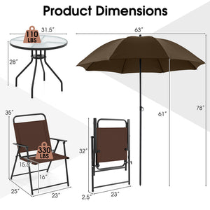 Patio dining set with umbrella is perfect for your patio  lawn and garden<br>Tempered glass tabletop and rustproof frame can stand the test of time<br>The 71" umbrella with strap design for space-saving when not in use<br>Heavy-duty steel frame and breath