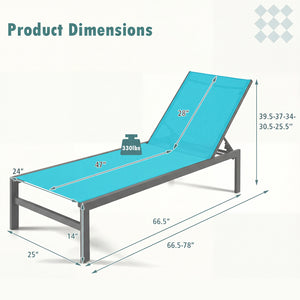 Lightweight and rustproof aluminium frame can stand the test of time<br>Premium fabric is quick-drying  breathable and durable<br>6-position adjustable recliner allows you to set a desired angle<br>This chaise lounge chair can be used completely flat<br>A