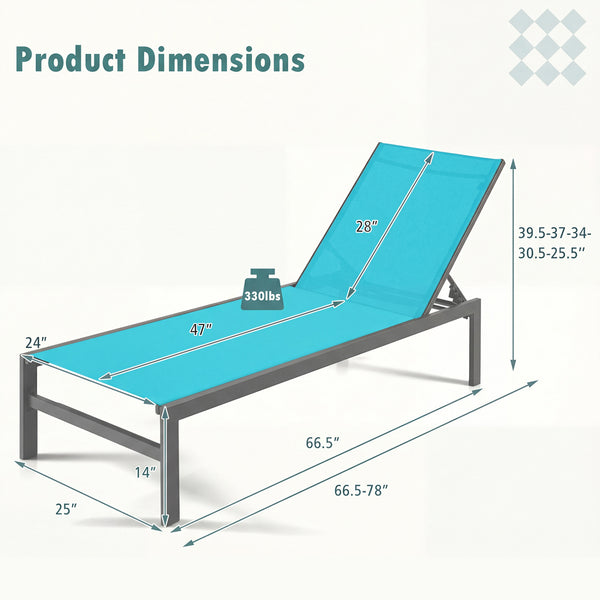 Lightweight and rustproof aluminium frame can stand the test of time<br>Premium fabric is quick-drying  breathable and durable<br>6-position adjustable recliner allows you to set a desired angle<br>This chaise lounge chair can be used completely flat<br>A