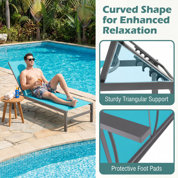 Lightweight and rustproof aluminium frame can stand the test of time<br>Premium fabric is quick-drying  breathable and durable<br>6-position adjustable recliner allows you to set a desired angle<br>This chaise lounge chair can be used completely flat<br>A