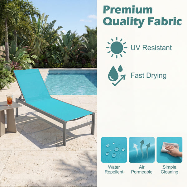 Lightweight and rustproof aluminium frame can stand the test of time<br>Premium fabric is quick-drying  breathable and durable<br>6-position adjustable recliner allows you to set a desired angle<br>This chaise lounge chair can be used completely flat<br>A