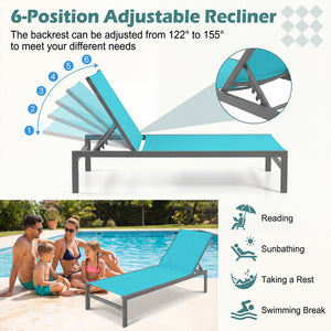 Lightweight and rustproof aluminium frame can stand the test of time<br>Premium fabric is quick-drying  breathable and durable<br>6-position adjustable recliner allows you to set a desired angle<br>This chaise lounge chair can be used completely flat<br>A
