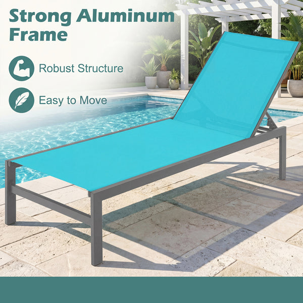Lightweight and rustproof aluminium frame can stand the test of time<br>Premium fabric is quick-drying  breathable and durable<br>6-position adjustable recliner allows you to set a desired angle<br>This chaise lounge chair can be used completely flat<br>A