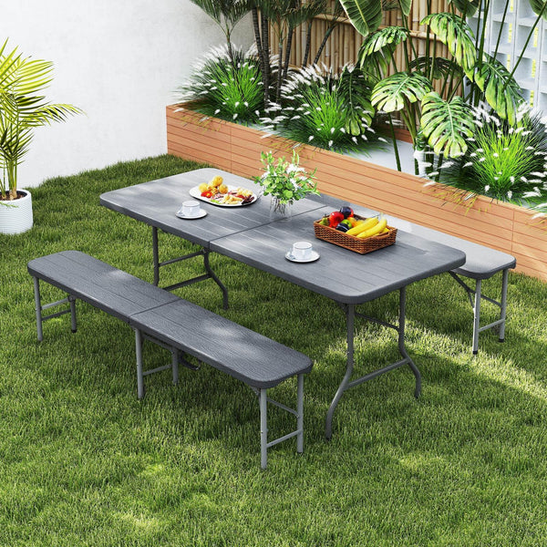 Thickened HDPE seat withstands long-time outdoor use<br>Simple to maintain with the waterproof and smooth bench top<br>Loads up to 1320 lbs with heavy-duty metal frame and joint locks<br>Wood-like texture brings more elegance<br>Compact folding size for s