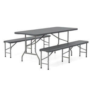 Thickened HDPE seat withstands long-time outdoor use<br>Simple to maintain with the waterproof and smooth bench top<br>Loads up to 1320 lbs with heavy-duty metal frame and joint locks<br>Wood-like texture brings more elegance<br>Compact folding size for s