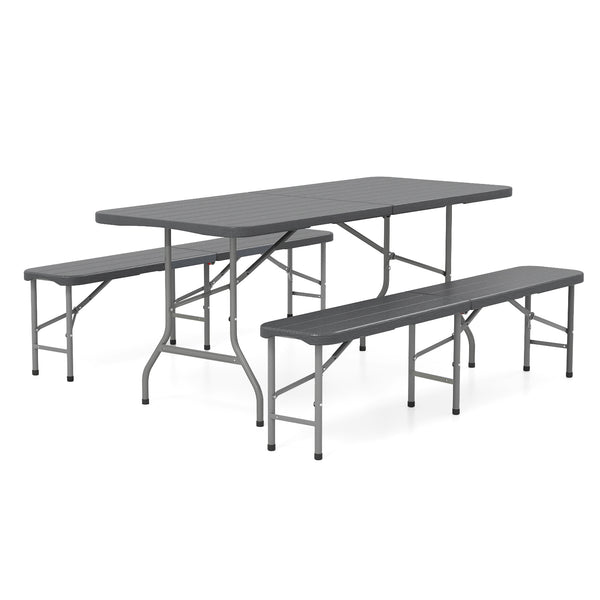 Thickened HDPE seat withstands long-time outdoor use<br>Simple to maintain with the waterproof and smooth bench top<br>Loads up to 1320 lbs with heavy-duty metal frame and joint locks<br>Wood-like texture brings more elegance<br>Compact folding size for s