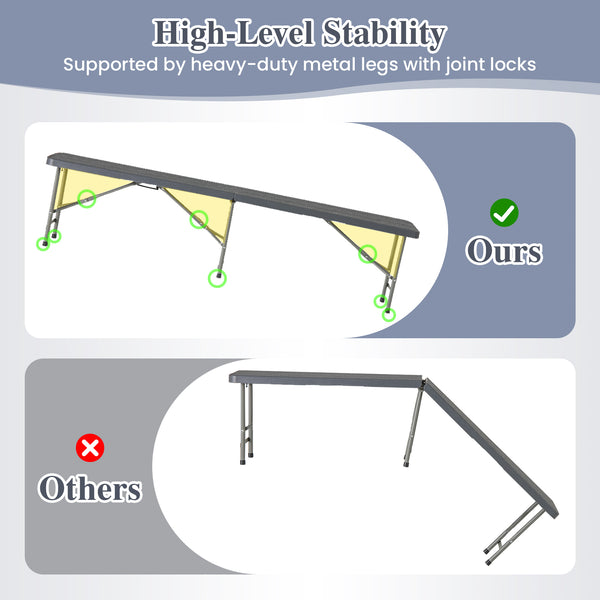 Thickened HDPE seat withstands long-time outdoor use<br>Simple to maintain with the waterproof and smooth bench top<br>Loads up to 1320 lbs with heavy-duty metal frame and joint locks<br>Wood-like texture brings more elegance<br>Compact folding size for s