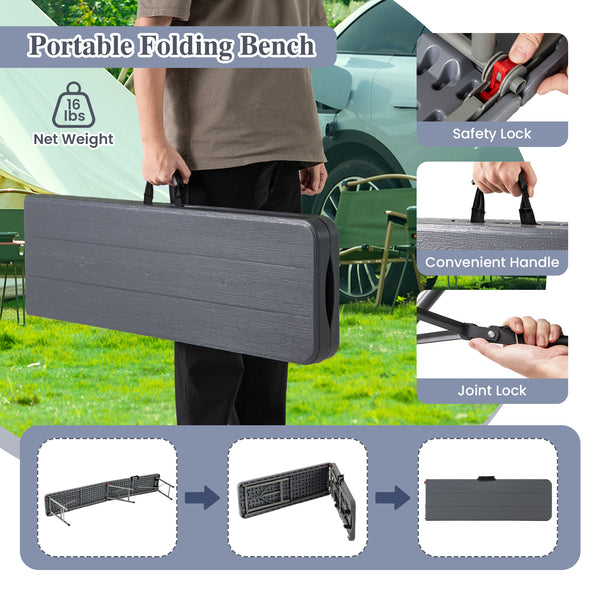 Thickened HDPE seat withstands long-time outdoor use<br>Simple to maintain with the waterproof and smooth bench top<br>Loads up to 1320 lbs with heavy-duty metal frame and joint locks<br>Wood-like texture brings more elegance<br>Compact folding size for s