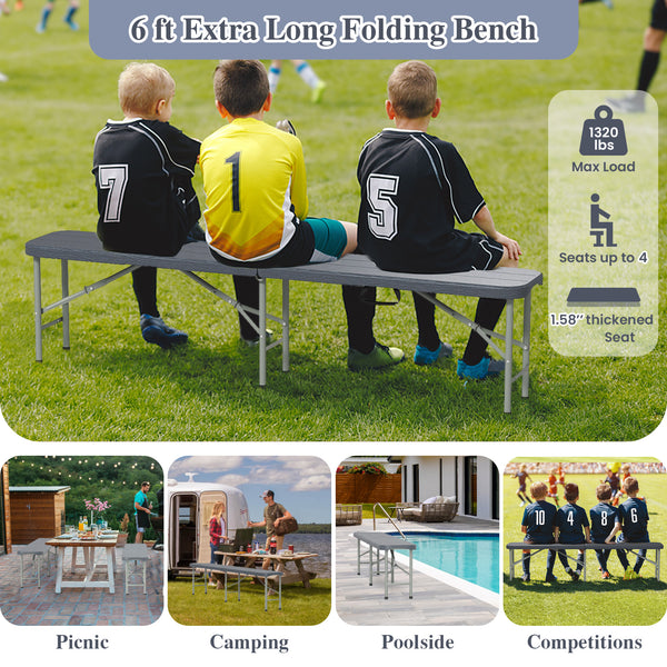 Thickened HDPE seat withstands long-time outdoor use<br>Simple to maintain with the waterproof and smooth bench top<br>Loads up to 1320 lbs with heavy-duty metal frame and joint locks<br>Wood-like texture brings more elegance<br>Compact folding size for s