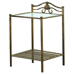 A charming blend of function and vintage style, this nightstand enhances any bedroom with its antique brushed gold frame and airy, open design. The clear tempered glass top adds a crisp, lightweight feel, while a slatted lower shelf offers convenient stor