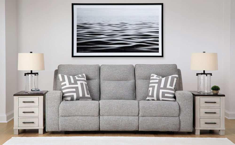 If style is the question, then this power reclining set is the answer. Its clean-lined profile is beautifully contemporary. High-performance fabric and plump cushioning make it so easy to comfortably kick up your heels. The adjustable Easy Viewâ„¢ headres