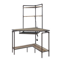 Deliz - Desk - Weathered Dark Oak & Dark Bronze - 36-"<br/><br/><b>Product Features</b><ul><li>Corner Computer Desk with Hutch</li><li>Storage: Open Compartments, Keyboard Tray</li><li>Wooden Top, Keyboard & Shelves</li><li>Metal Frame Base</li><li>Case: 