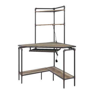 Deliz - Desk - Weathered Dark Oak & Dark Bronze - 36-"<br/><br/><b>Product Features</b><ul><li>Corner Computer Desk with Hutch</li><li>Storage: Open Compartments, Keyboard Tray</li><li>Wooden Top, Keyboard & Shelves</li><li>Metal Frame Base</li><li>Case: 