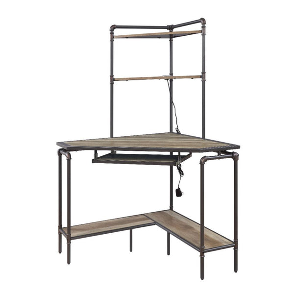 Deliz - Desk - Weathered Dark Oak & Dark Bronze - 36-"<br/><br/><b>Product Features</b><ul><li>Corner Computer Desk with Hutch</li><li>Storage: Open Compartments, Keyboard Tray</li><li>Wooden Top, Keyboard & Shelves</li><li>Metal Frame Base</li><li>Case: 