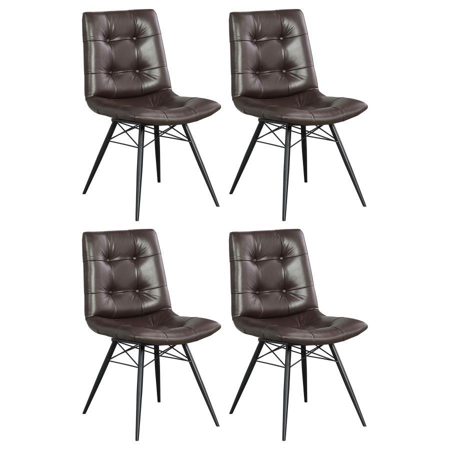 Looking to add some style to your dining room? Look no further than this charming, leatherette side chair. The beautiful brown upholstery adds warmth to a room. Decorative button tufting adds a trendy yet tasteful touch. Complete with sleek, angled legs i