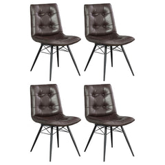 Looking to add some style to your dining room? Look no further than this charming, leatherette side chair. The beautiful brown upholstery adds warmth to a room. Decorative button tufting adds a trendy yet tasteful touch. Complete with sleek, angled legs i